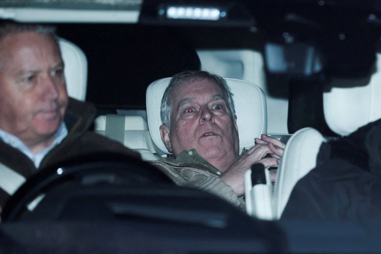 Andrew Mountbatten Windsor, younger brother of Britain’s King Charles, formerly known as Prince Andrew, leaves Aylsham Police Station