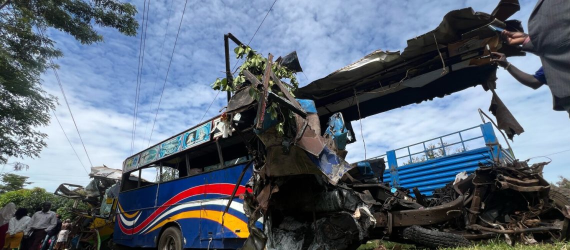 A bus involved in a highway collision that left dozens dead near Gulu, northern Uganda, on Wednesday,Oct. 22, 2025. (AP Photo/ Hakiim Wampamba)